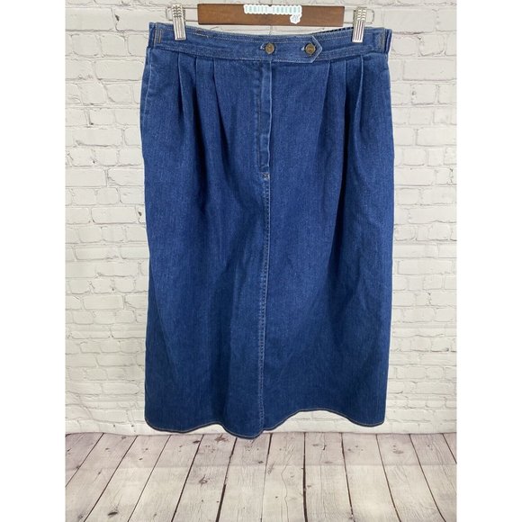 VTG Kemington Express Magic Fit Dark Wash Elastic Waist Long Blue Jean Skirt 12 - Picture 1 of 9
